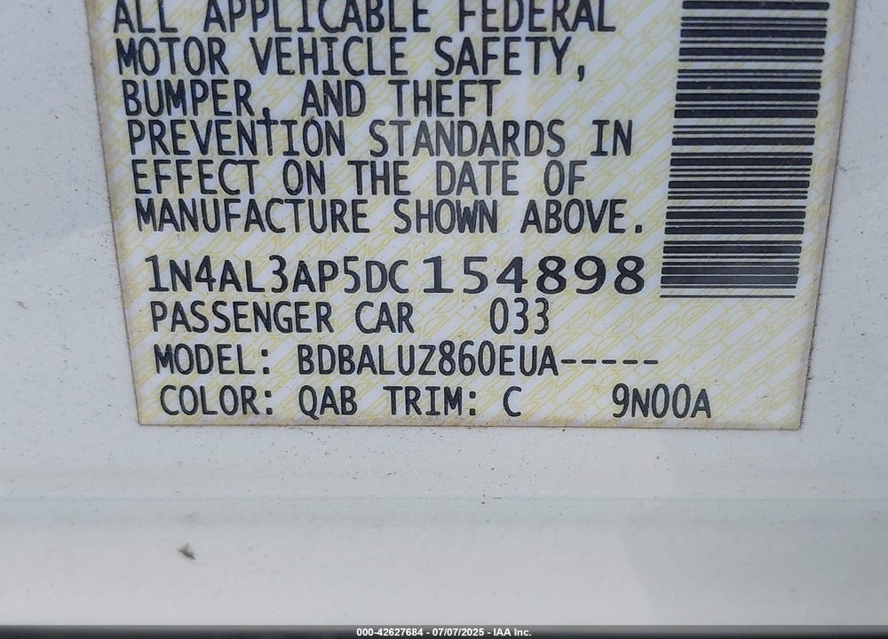 2013 NISSAN ALTIMA VIN: 1N4AL3AP5DC154898