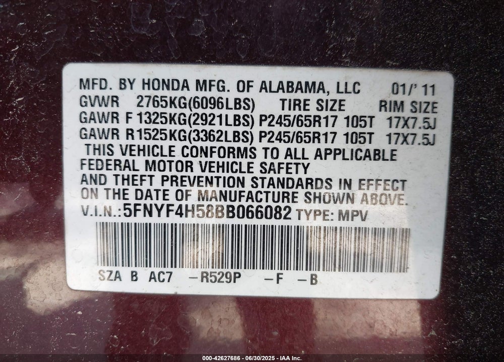 2011 HONDA PILOT VIN: 5FNYF4H58BB066082