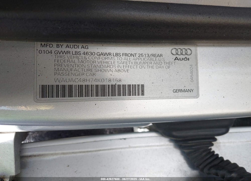 2004 AUDI A4 1.8T VIN: WAUAC48H74K018158