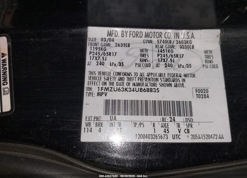 2004 FORD EXPLORER XLT VIN: 1FMZU63K34UB68835