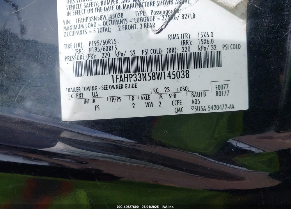 2008 FORD FOCUS VIN: 1FAHP33N58W145038