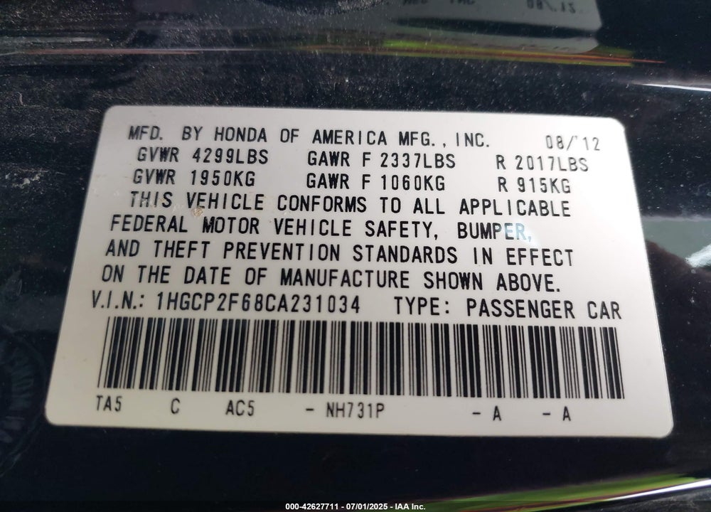 2012 HONDA ACCORD 2.4 SE VIN: 1HGCP2F68CA231034