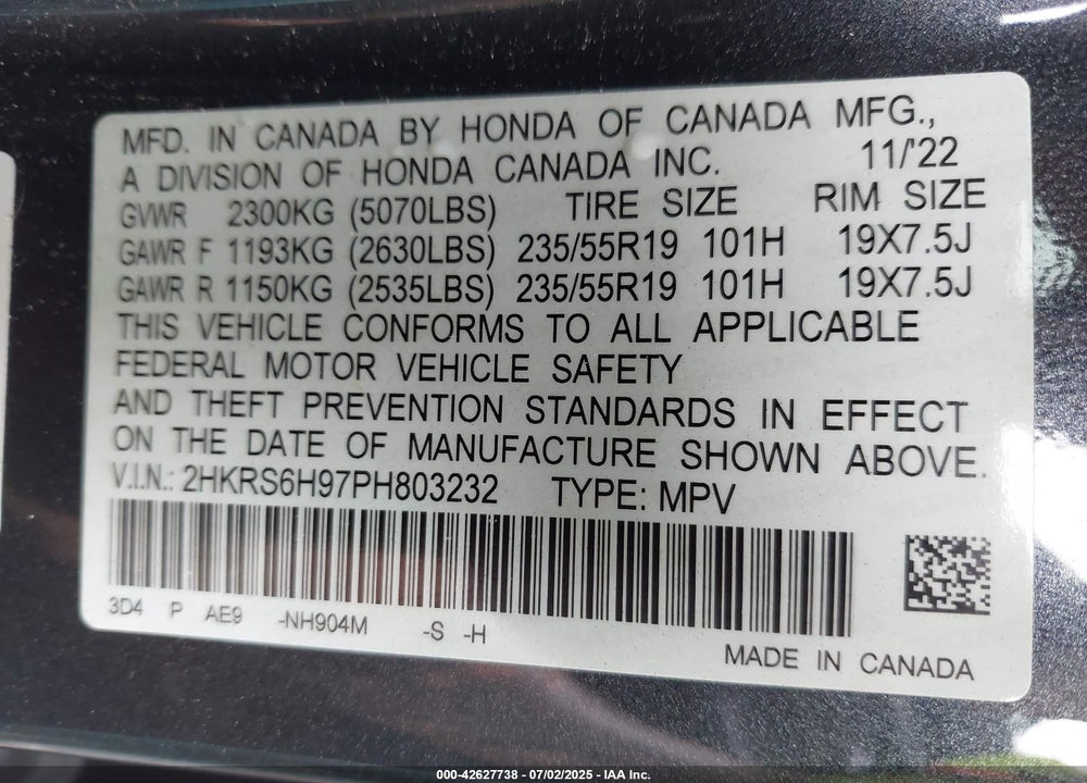 2023 HONDA CR-V VIN: 2HKRS6H97PH803232