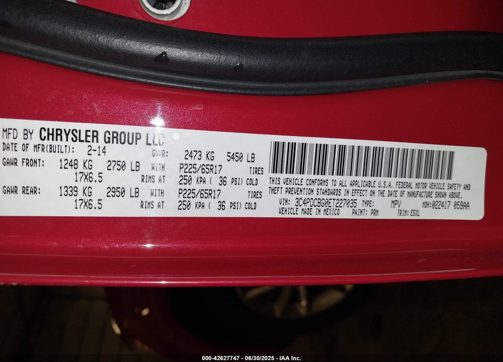 2014 DODGE JOURNEY VIN: 3C4PDCBG0ET227035