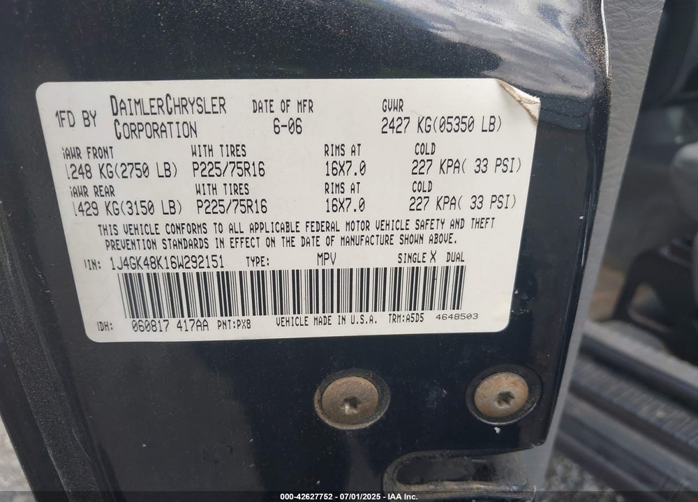 2006 JEEP LIBERTY VIN: 1J4GK48K16W292151