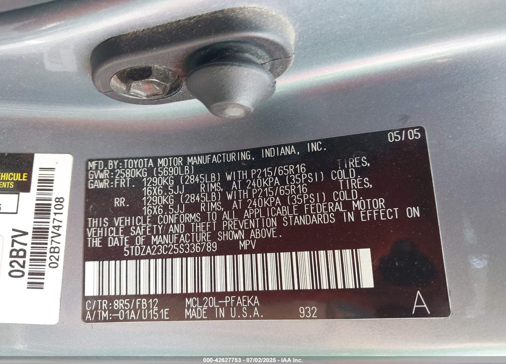 2005 TOYOTA SIENNA LE VIN: 5TDZA23C25S336789
