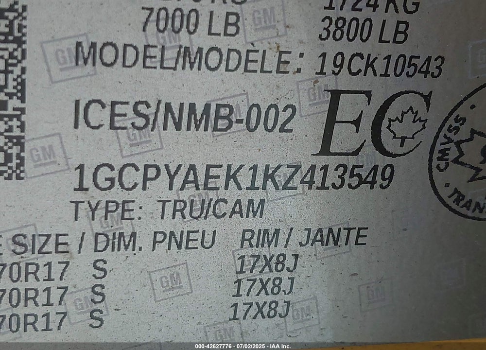 2019 CHEVROLET SILVERADO 1500 VIN: 1GCPYAEK1KZ413549
