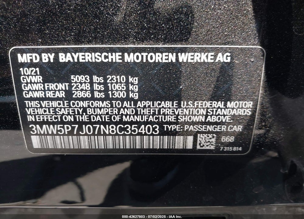 2022 BMW 3 SERIES 330E VIN: 3MW5P7J07N8C35403