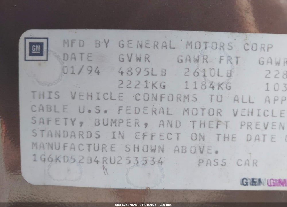 1994 CADILLAC DEVILLE VIN: 1G6KD52B4RU253534