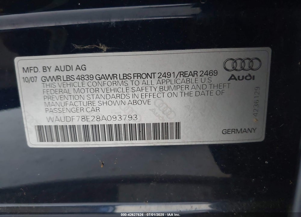 2008 AUDI A4 2.0T/2.0T SPECIAL EDITION VIN: WAUDF78E28A093793