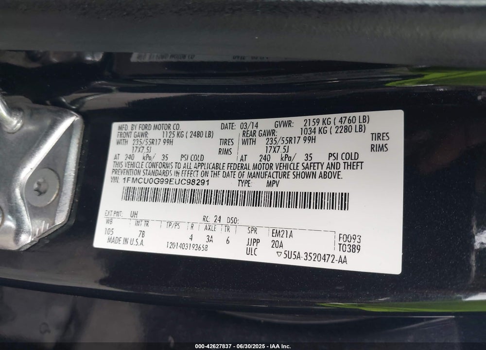 2014 FORD ESCAPE VIN: 1FMCU0G99EUC98291