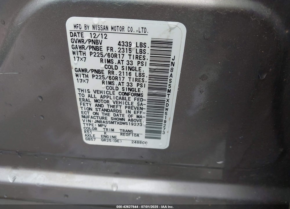 2013 NISSAN ROGUE VIN: JN8AS5MTXDW519273
