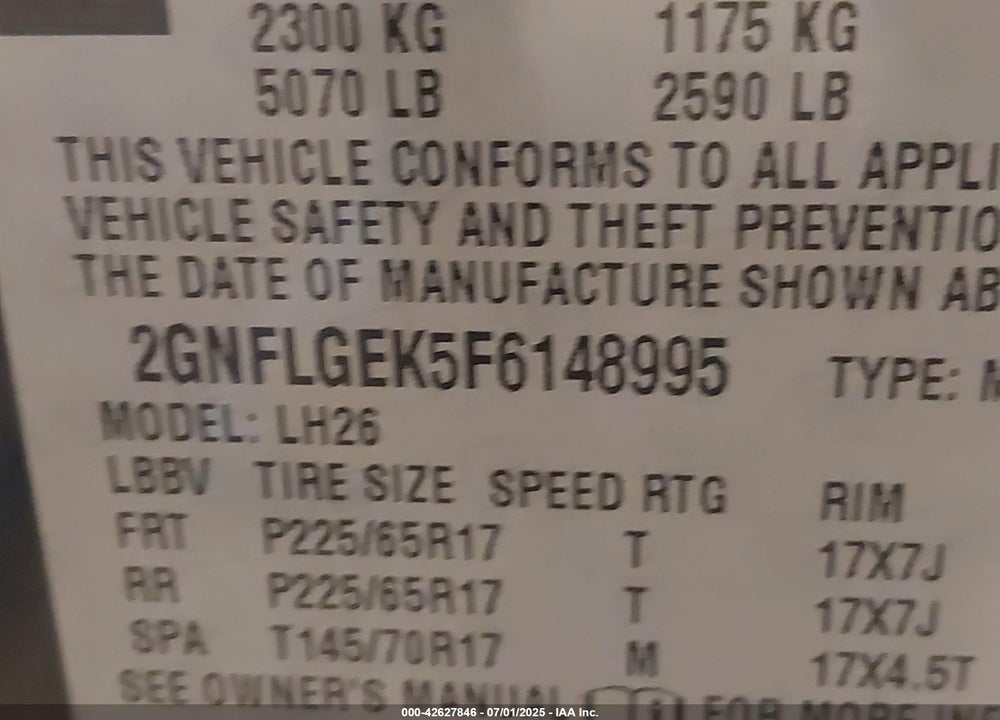 2015 CHEVROLET EQUINOX VIN: 2GNFLGEK5F6148995