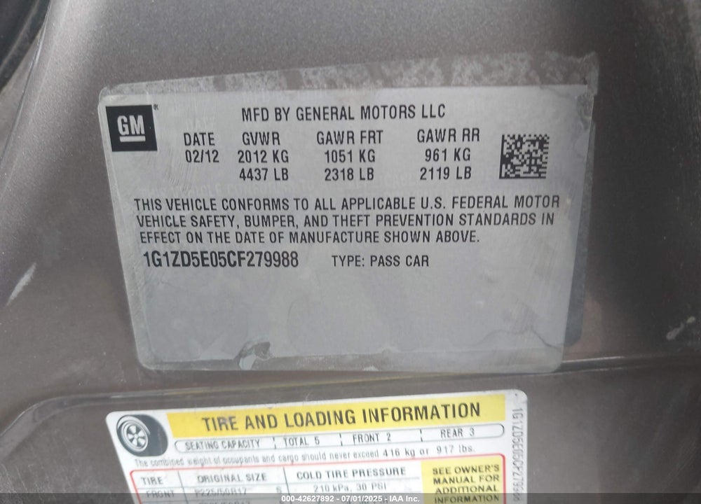 2012 CHEVROLET MALIBU VIN: 1G1ZD5E05CF279988