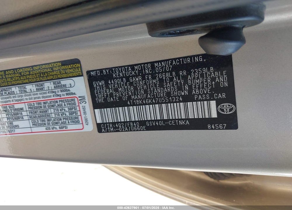 2007 TOYOTA CAMRY VIN: 4T1BK46K47U551324
