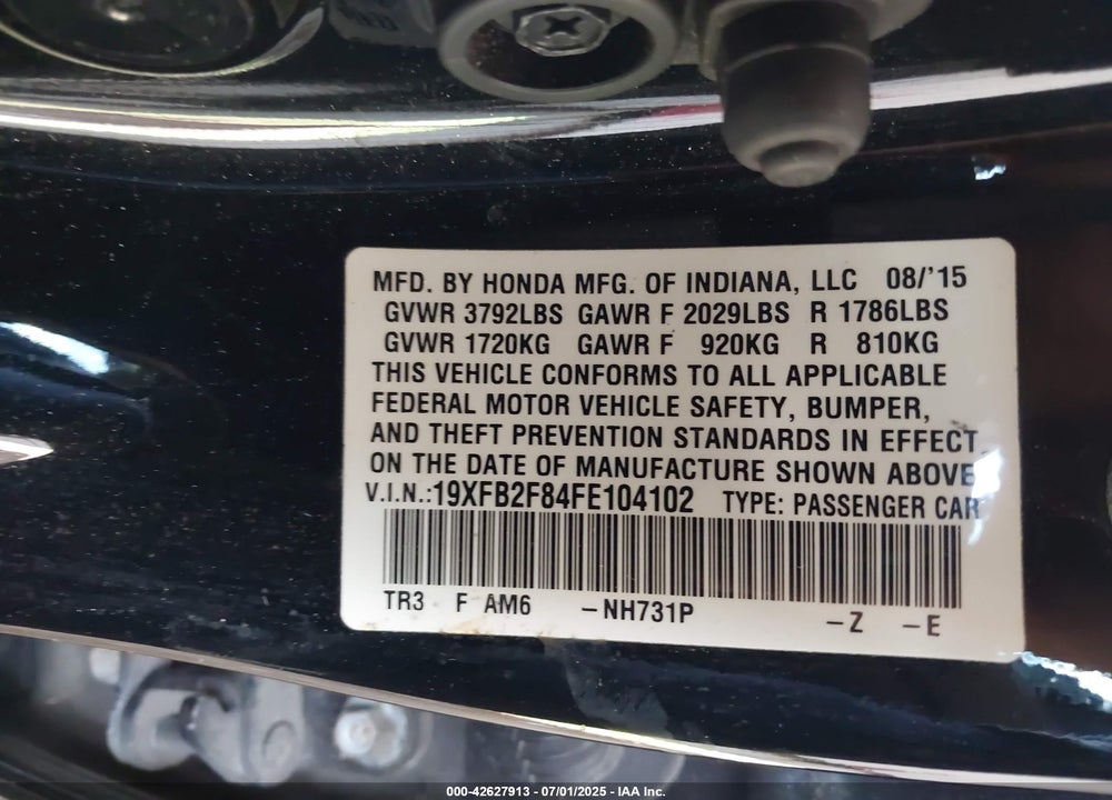 2015 HONDA CIVIC VIN: 19XFB2F84FE104102