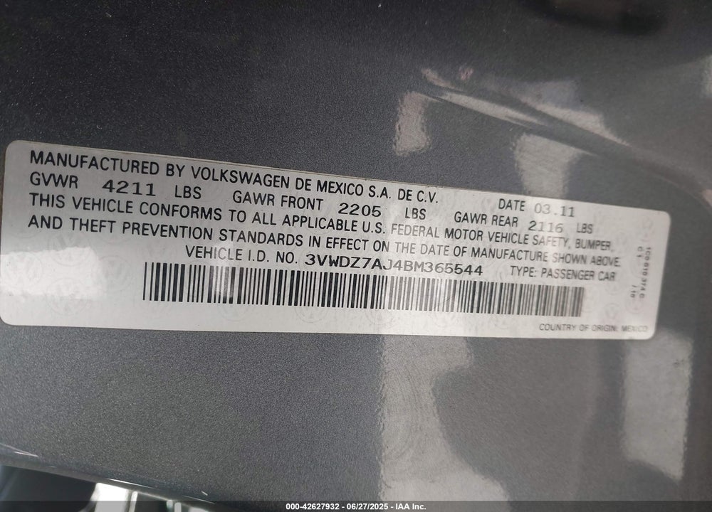 2011 VOLKSWAGEN JETTA VIN: 3VWDZ7AJ4BM365544