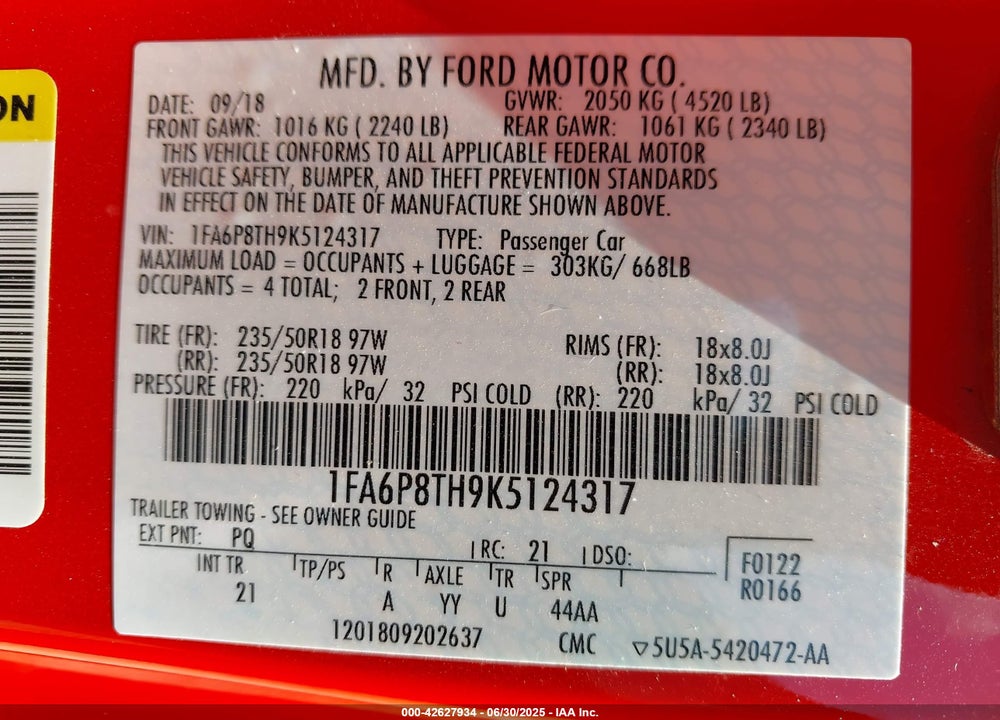 2019 FORD MUSTANG VIN: 1FA6P8TH9K5124317