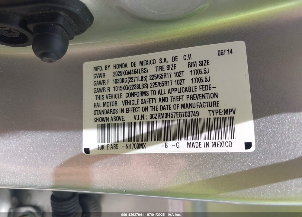 2014 HONDA CR-V VIN: 3CZRM3H57EG703749