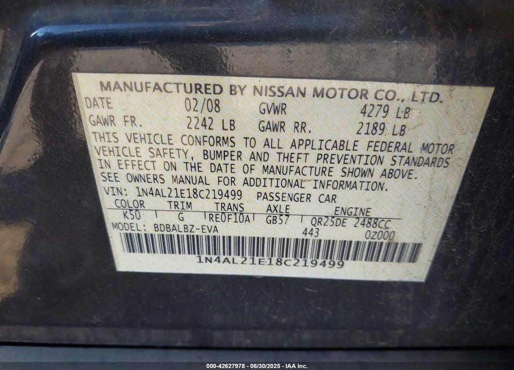 2008 NISSAN ALTIMA VIN: 1N4AL21E18C219499