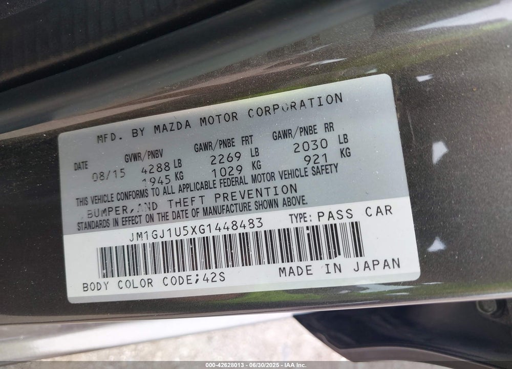 2016 MAZDA 6 VIN: JM1GJ1U5XG1448483