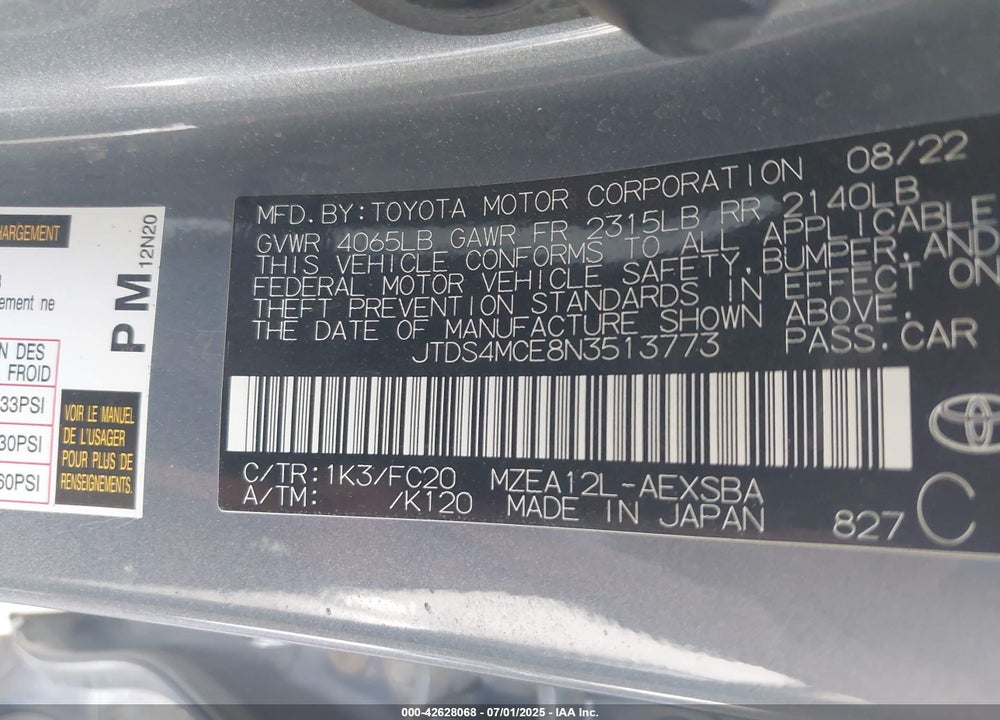 2022 TOYOTA COROLLA VIN: JTDS4MCE8N3513773