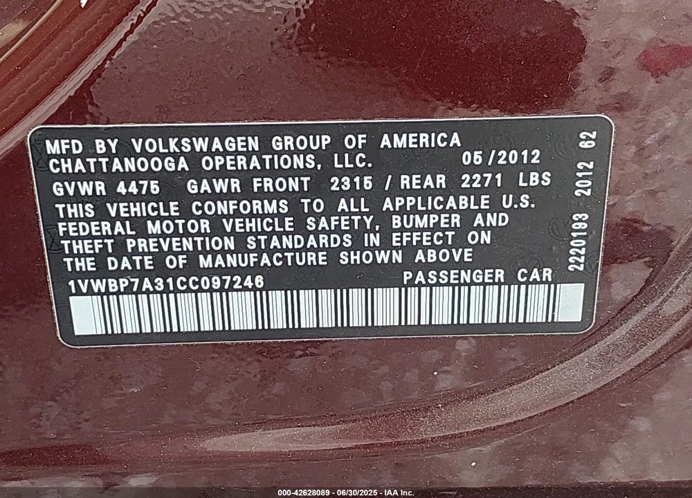 2012 VOLKSWAGEN PASSAT VIN: 1VWBP7A31CC097246