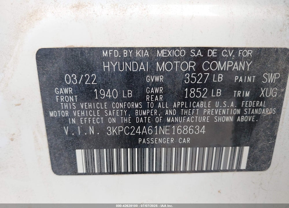 2022 HYUNDAI ACCENT VIN: 3KPC24A61NE168634