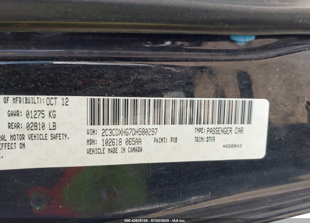 2013 DODGE CHARGER VIN: 2C3CDXHG7DH580297