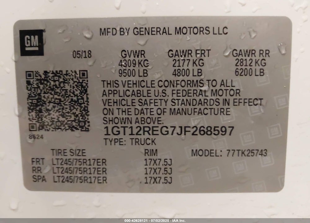 2018 GMC SIERRA 2500HD VIN: 1GT12REG7JF268597