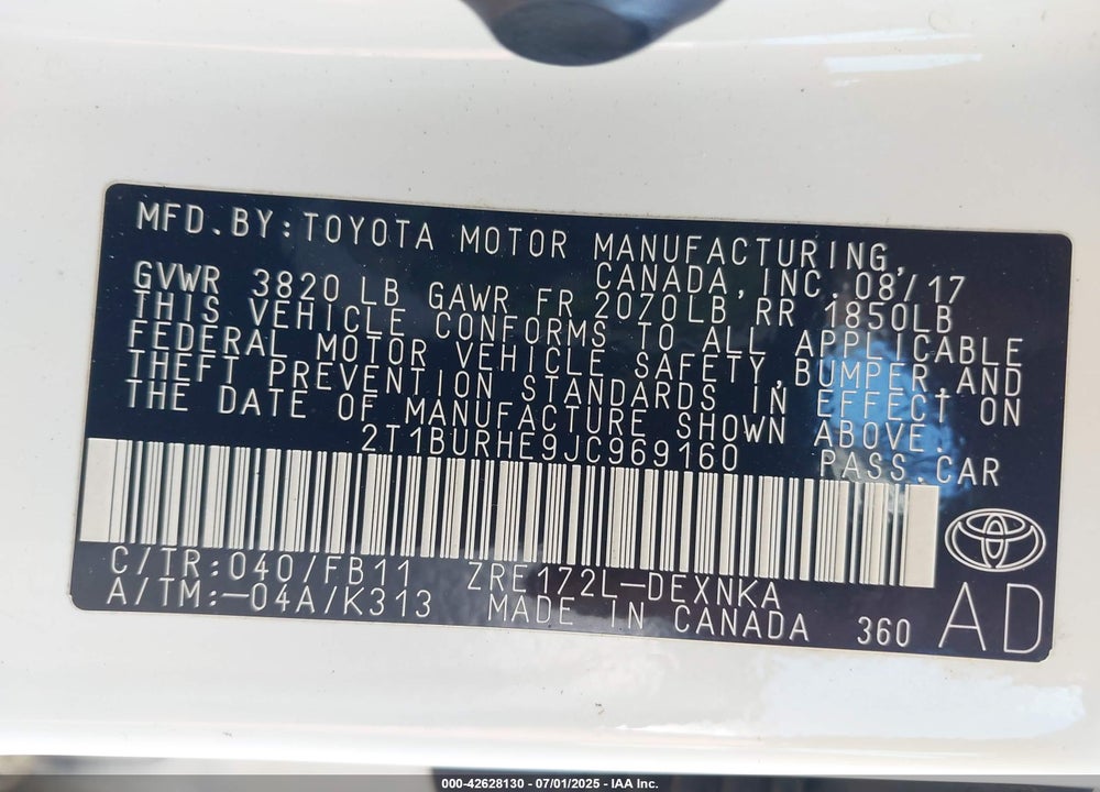 2018 TOYOTA COROLLA VIN: 2T1BURHE9JC969160