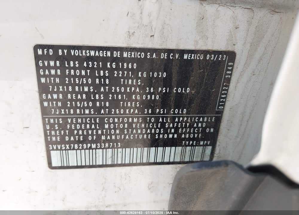 2023 VOLKSWAGEN TAOS VIN: 3VVSX7B29PM338713