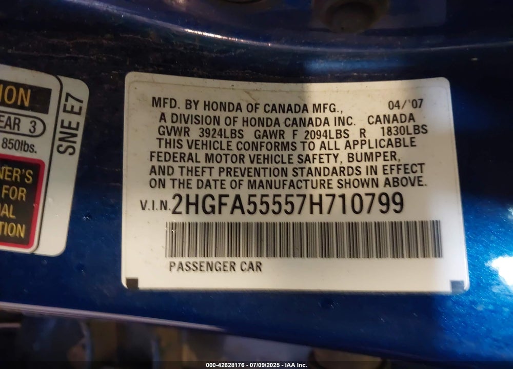 2007 HONDA CIVIC SI VIN: 2HGFA55557H710799