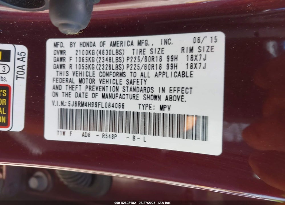 2015 HONDA CR-V TOURING VIN: 5J6RM4H99FL084066
