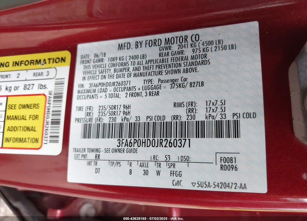 2018 FORD FUSION VIN: 3FA6P0HD0JR260371