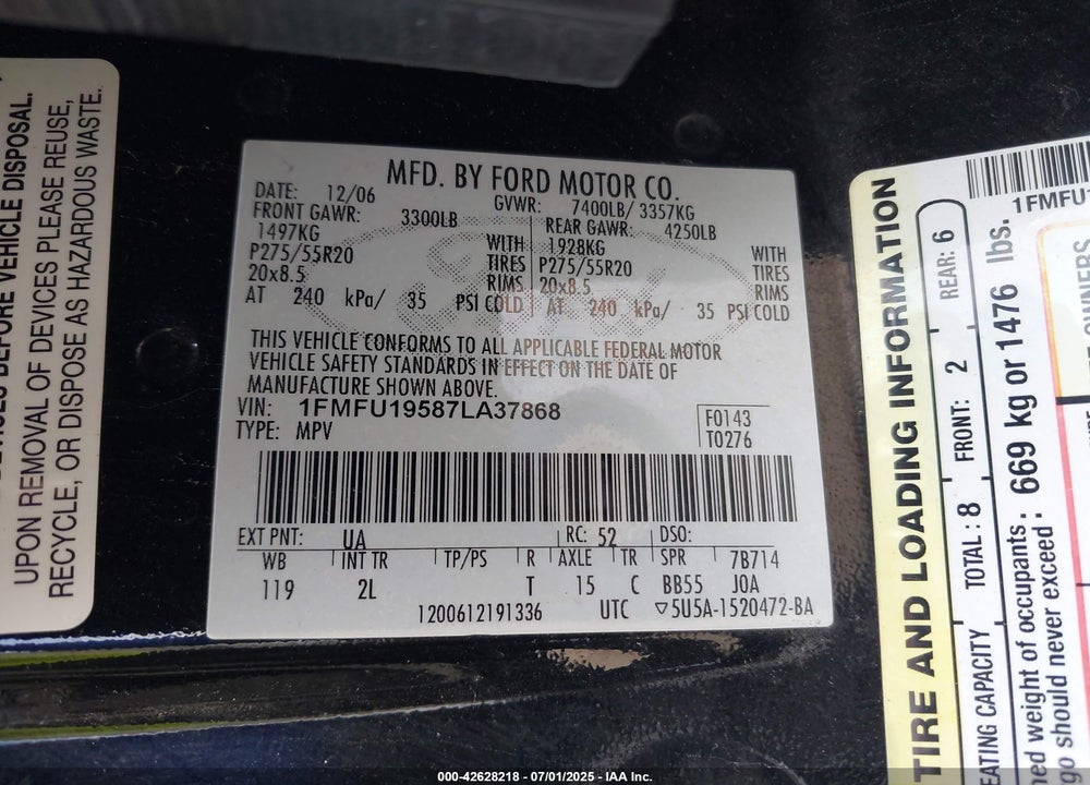 2007 FORD EXPEDITION LIMITED VIN: 1FMFU19587LA37868