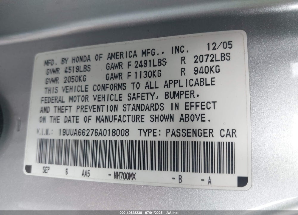 2006 ACURA TL VIN: 19UUA66276A018008