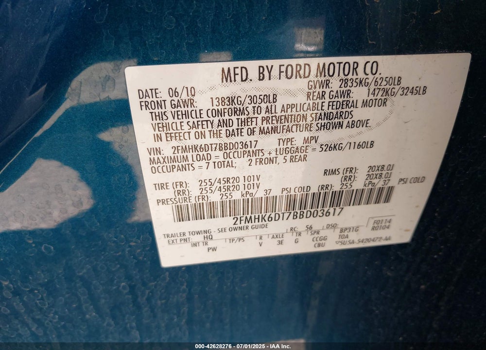 2011 FORD FLEX VIN: 2FMHK6DT7BBD03617