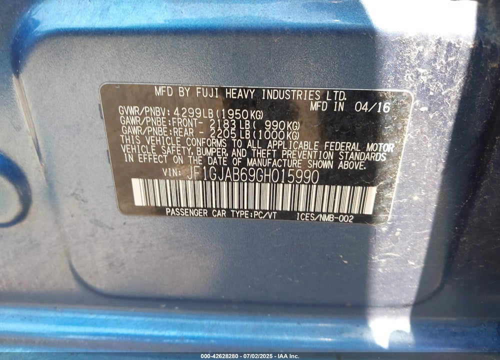 2016 SUBARU IMPREZA VIN: JF1GJAB69GH015990