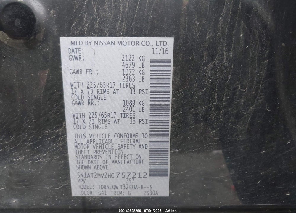 2017 NISSAN ROGUE SV VIN: 5N1AT2MV2HC757212