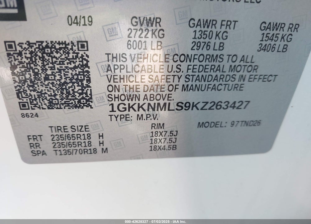 2019 GMC ACADIA VIN: 1GKKNMLS9KZ263427
