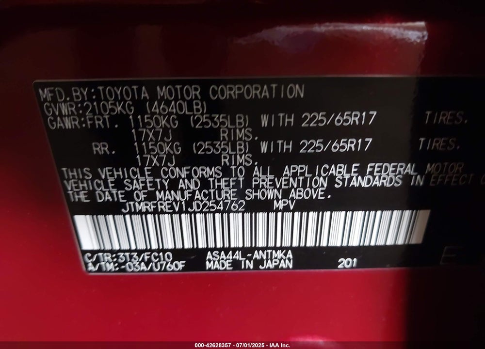 2018 TOYOTA RAV4 VIN: JTMRFREV1JD254762