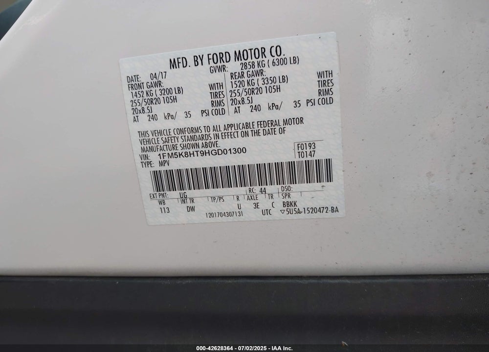 2017 FORD EXPLORER PLATINUM VIN: 1FM5K8HT9HGD01300