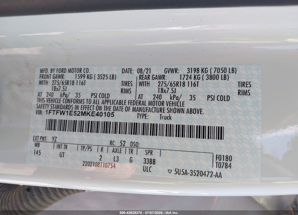 2021 FORD F-150 VIN: 1FTFW1E52MKE40105
