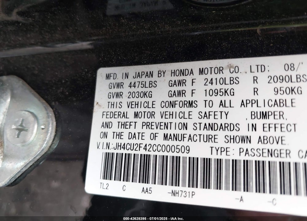 2012 ACURA TSX VIN: JH4CU2F42CC000509
