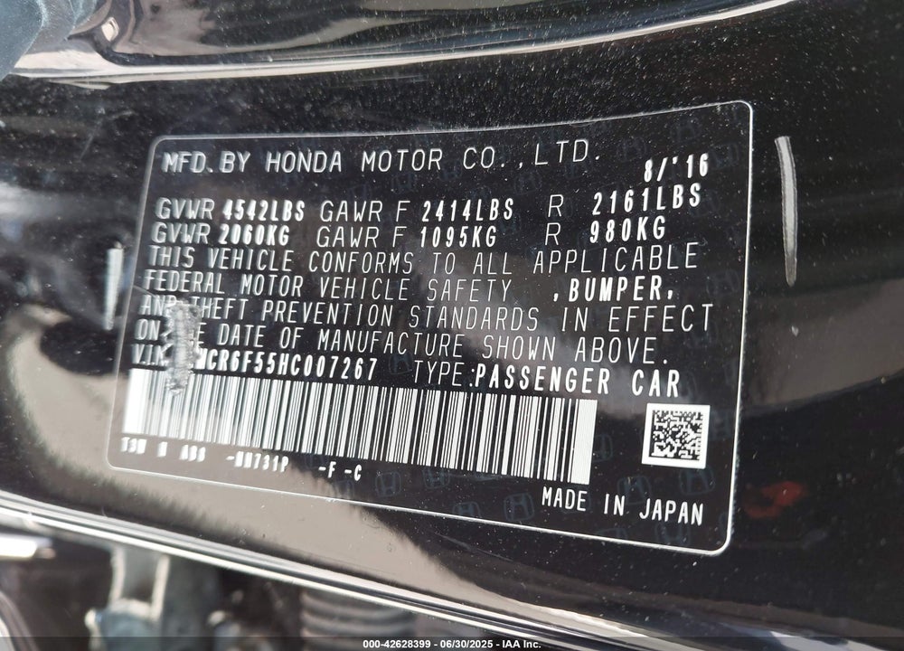 2017 HONDA ACCORD VIN: JHMCR6F55HC007267