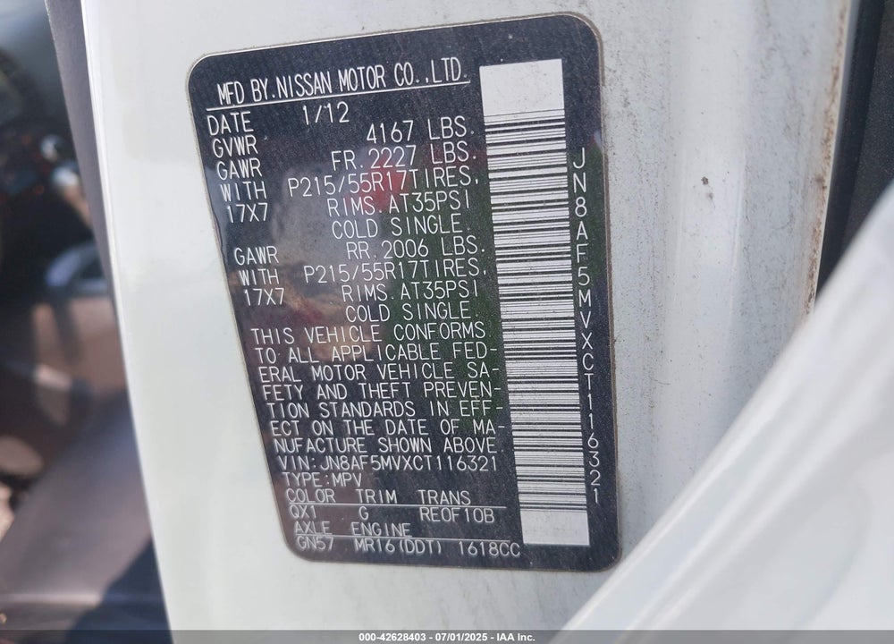 2012 NISSAN JUKE VIN: JN8AF5MVXCT116321