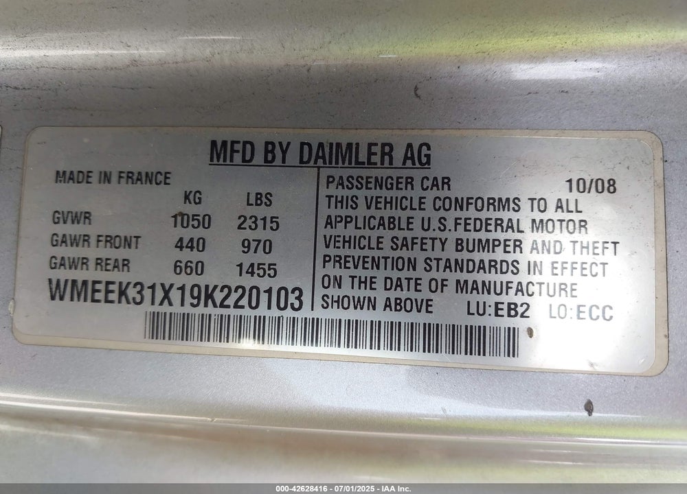 2009 SMART FORTWO VIN: WMEEK31X19K220103