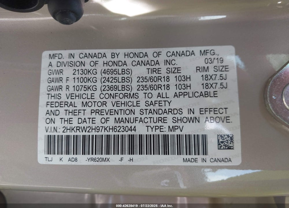2019 HONDA CR-V VIN: 2HKRW2H97KH623044