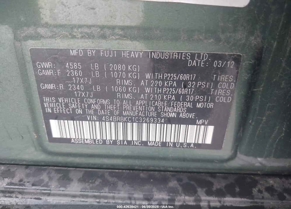 2012 SUBARU OUTBACK VIN: 4S4BRBKC1C3269334